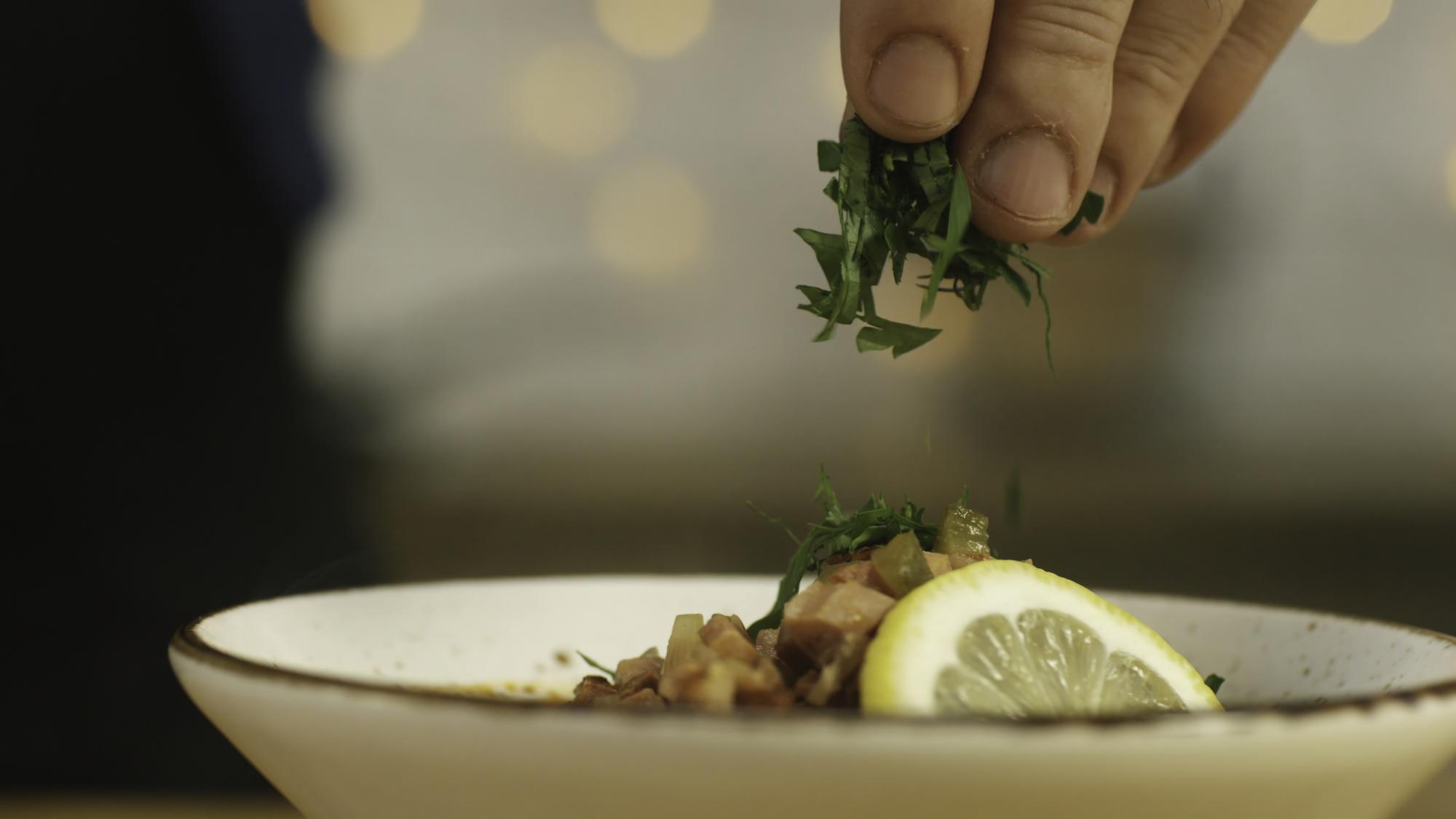 Close-up plated main course with herbs